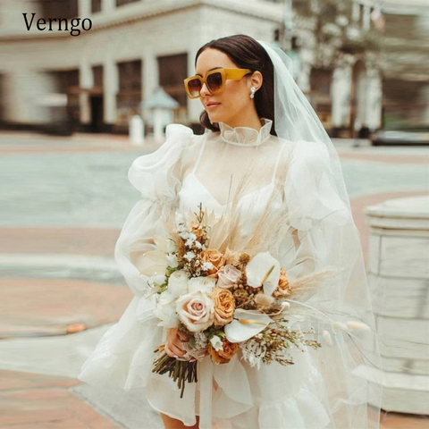 Verngo-Vestidos cortos de Organza y marfil para boda, ropa Vintage de manga larga abombada, corbata de cuello alto, volantes, para playa y boda ► Foto 1/6