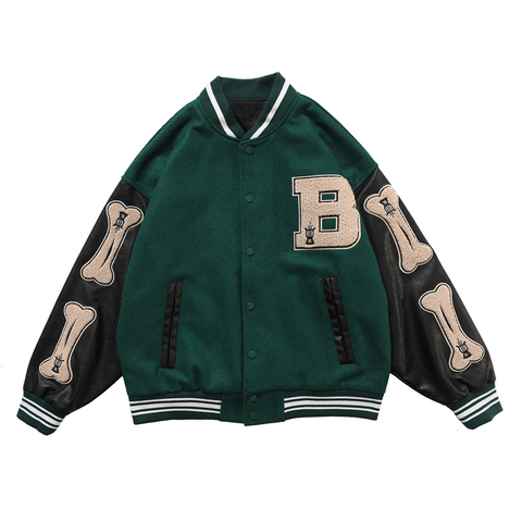 Chaqueta de béisbol de estilo Hip Hop para hombre y mujer, chaqueta de béisbol con parche de letras de hueso peludo, Color de bloque de retazos, 3 colores, estilo Harajuku, chaqueta Bomber de calle Unisex ► Foto 1/6