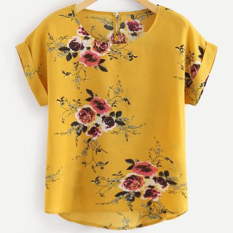 Blusa de manga corta con estampado floral para verano, Camisa de verano con cuello redondo para mujer ► Foto 1/5