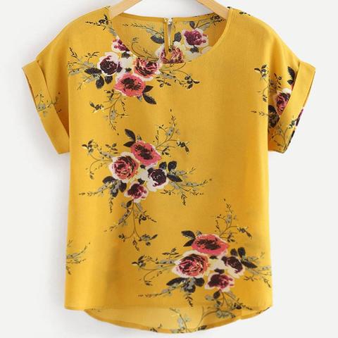 Blusa de manga corta con estampado floral para verano, Camisa de verano con cuello redondo para mujer ► Foto 1/5