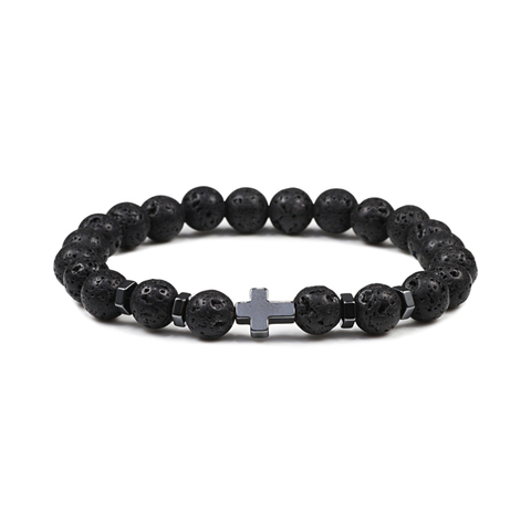 Pulseras con cuenta de piedra de Lava Natural para hombre y mujer, joyería de Yoga con Cruz de hematita, para meditar y rezar, envío directo ► Foto 1/6