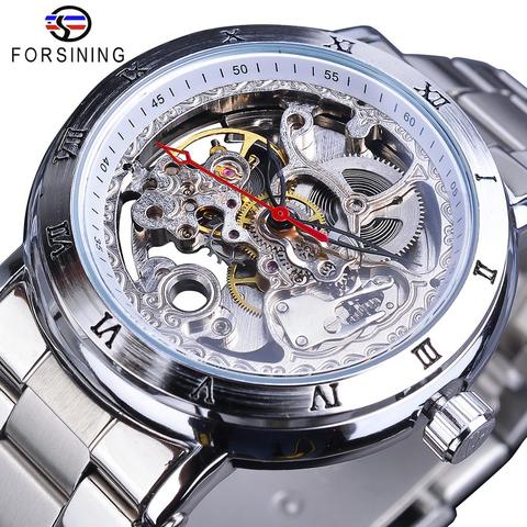 Forsining-reloj mecánico deportivo para hombre, mecanismo a la vista transparente, automático, números romanos, plata, acero inoxidable, resistente al agua ► Foto 1/6