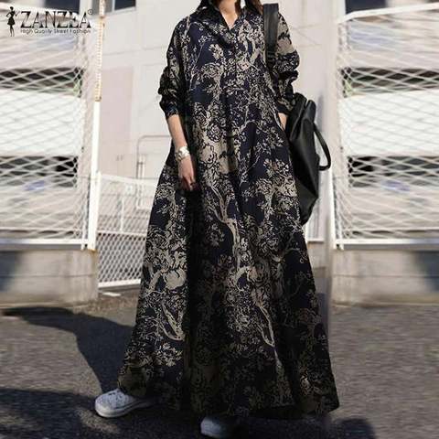 ZANZEA-Vestido largo de lino y algodón con manga larga para mujer, con estampado Floral caftán, Estilo Vintage, 2022 ► Foto 1/6