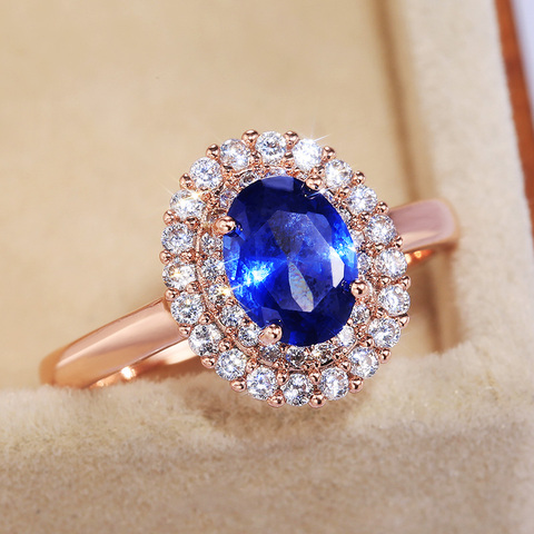 Huitan nupciales-anillos de boda para mujer, piedra azul profunda ovalada, Color oro rosa, precioso anillo de compromiso, regalo para madre, joyería Noble ► Foto 1/6