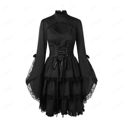 Gótico oscuro vestido de las mujeres 2022 nuevo o-Cuello de manga larga de encaje vestido con encaje Otoño Invierno negro fiesta Retro vestido de mujer XXL ► Foto 1/6