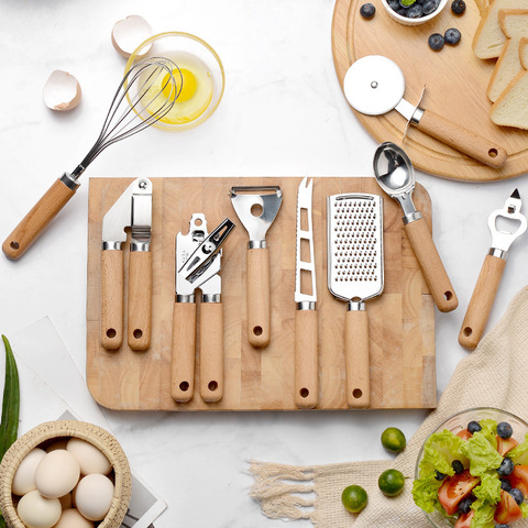 Juego de abridor de latas con mango de madera, cuchillo de Peelercheese para Pizza, batidor de acero inoxidable, utensilios de cocina ► Foto 1/6