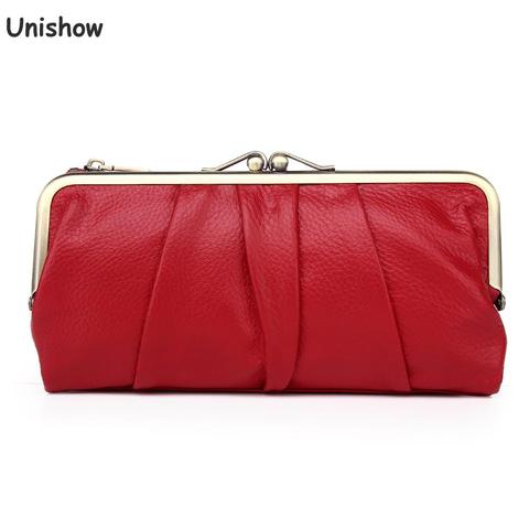 Unishow, Cartera de piel auténtica para mujer, Cartera de mano con Clip largo para mujer, Cartera de piel de vaca de diseñador de marca, Cartera de mujer para teléfono ► Foto 1/6