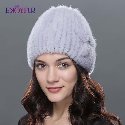 ENJOYFUR-gorros de piel de invierno para mujer, gorro de piel de visón auténtica, gorros de piel de punto gruesos y cálidos, gorros femeninos de buena calidad, gorro con pelo ► Foto 1/6