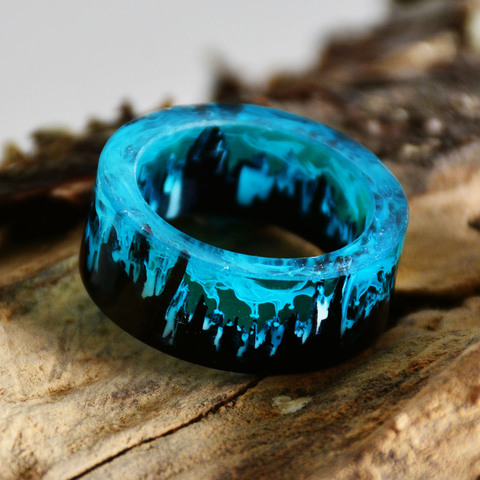 Anillo de resina azul con montañas para hombre y mujer, sortija de madera en el interior, mundo mágico, en un pequeño paisaje, joyería Punk ► Foto 1/6