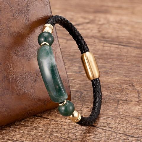 Pulseras colgantes nuevos para hombre y mujer, pulsera de cuero genuino con piedra Natural, joyería de acero inoxidable ► Foto 1/6
