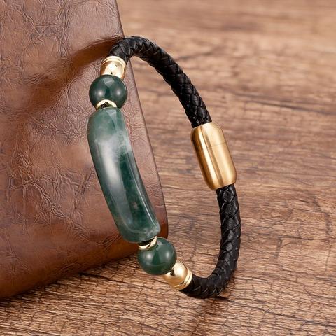 Pulseras colgantes nuevos para hombre y mujer, pulsera de cuero genuino con piedra Natural, joyería de acero inoxidable ► Foto 1/6