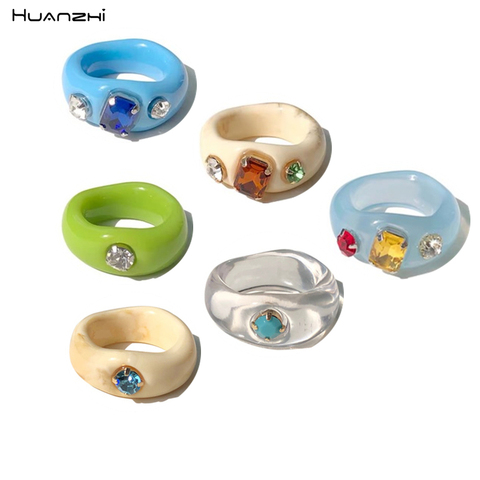 HUANZHI-Anillo de resina con diamantes de imitación para mujer y niña, sortija geométrica Simple, transparente, colorida, regalo de fiesta, 2022 ► Foto 1/6