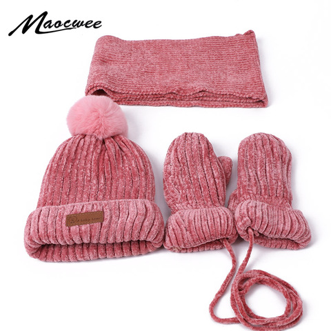 Conjunto de 3 uds. De gorros de invierno para bebé, conjunto de guantes, bufanda, gorros de punto con pompón para niño y niña, guantes gruesos y cálidos, gorros con forro ► Foto 1/6