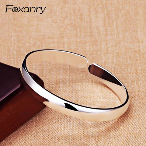 Foxanry de Plata de Ley 925 Terndy parejas brazalete brazaletes pulsera Simple liso pulsera de la joyería para las mujeres tamaño 64mm ajustable ► Foto 1/5