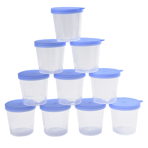 Vaso de plástico 40ML contenedor de orina taza para muestras botella de muestra caliente 10 Uds Vol moldeado graduación ML y Oz PP EO estéril tapa azul ► Foto 1/6