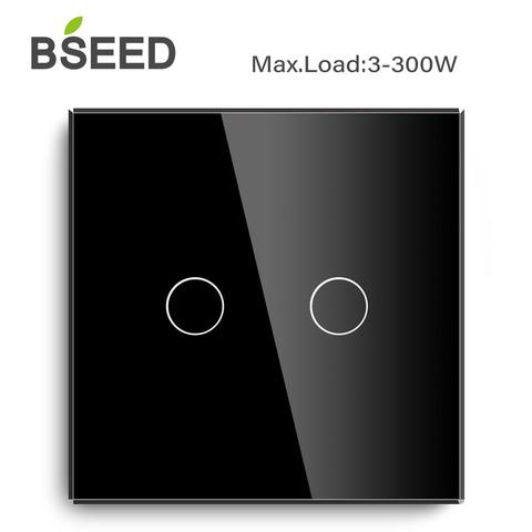 Bseed-Interruptor táctil estándar europeo de 2 entradas, 1 sentido, 300W, para luz del hogar, negro, blanco, dorado, con Panel de cristal ► Foto 1/5