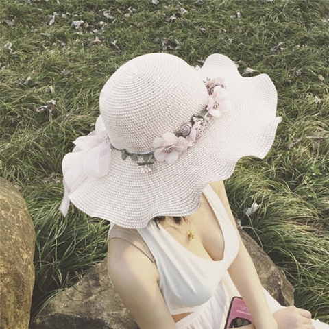 Sombrero de sol de verano para mujer, sombrero de paja de flor, sombrero de sol de playa de ala ancha, sombrero de playa de hueso, sombrero de paja para mujer elegante hermosa ► Foto 1/6