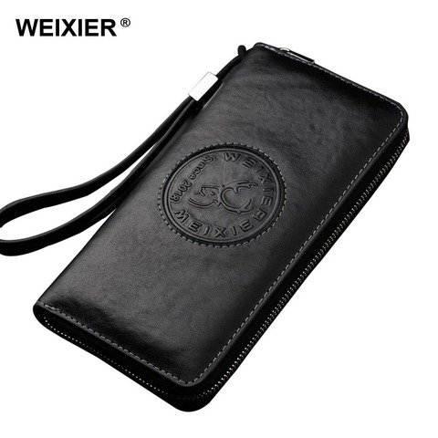 WEIXIER®Billetera de cuero genuino con bloqueo RFID para hombre, monedero de negocios largo Vintage con múltiples bolsillos ► Foto 1/6