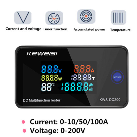 KWS-DC200 voltímetro Digital DC 0-200V voltaje siete funciones de energía de la energía LED pantalla a Color vatímetro 0-10/50/100A 30% de ► Foto 1/6