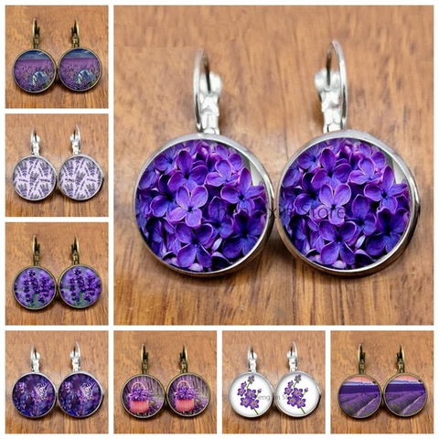 Pendientes redondos de cúpula convexa de cristal, joyería con flores y plantas de lavanda púrpura ► Foto 1/6