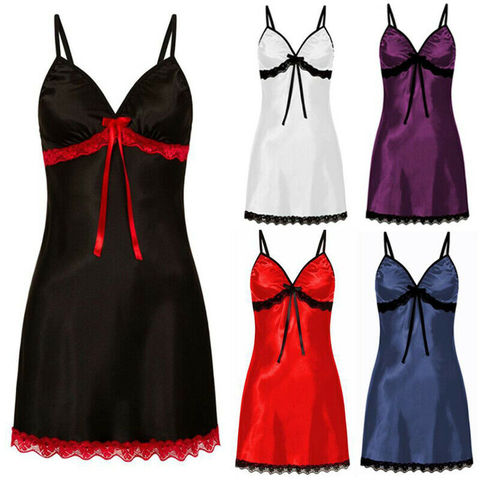 Sexy ropa de dormir ropa de las mujeres de encaje Satén de seda vestido de noche sin mangas pijamas Camisón con cuello de V de talla grande 3XL camisón de verano Pijamas ► Foto 1/6