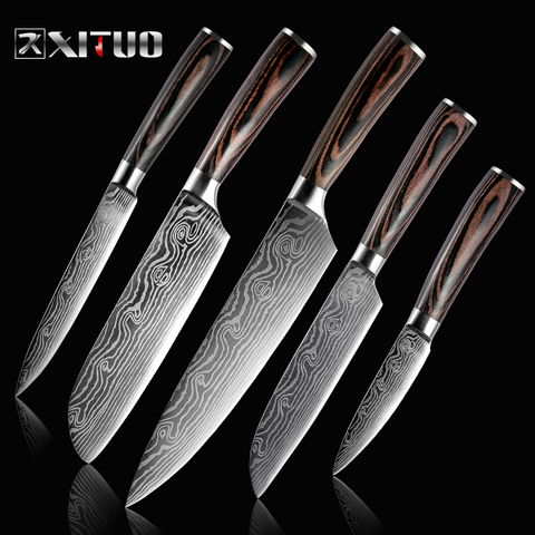 XITUO-Juego de 5 uds. De cuchillos de cocina, cuchillas láser de acero inoxidable Damasco, cuchillo para Chef Santoku, utensilios de cocina para pelar ► Foto 1/6