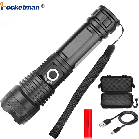 Más poderoso LED linterna USB recargable antorcha XHP50 impermeable 5 modos Zoomable 26650 batería 18650 Camping caza ► Foto 1/6