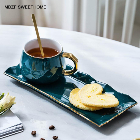 Juego de tazas de café verde MDZF SWEETHOME con tapete y tapa cuchara taza de leche de cerámica vajilla para Desayuno Set pareja taza para regalo de cumpleaños caja ► Foto 1/6