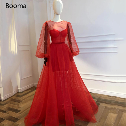 Booma-vestidos de graduación de tul de lunares rojos, ilusión, mangas largas de farol, escote transparente, línea A, formales ► Foto 1/4