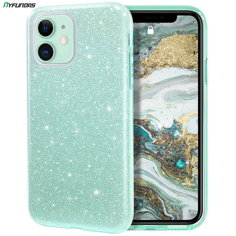 Funda de teléfono con purpurina para iPhone, carcasa híbrida brillante de lujo en color verde menta para iPhone 11 Pro Max 12 X XR XS 8 Plus 7 SE 2022 ► Foto 1/6