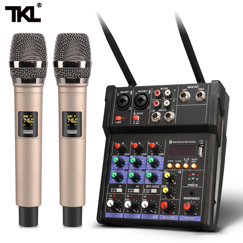 Consola mezcladora de audio de 4 canales TKL, con micrófono inalámbrico, mezclador de sonido con Bluetooth, USB, mini mezclador de dj ► Foto 1/6