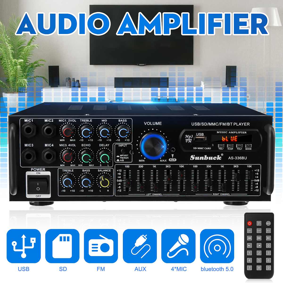 AMPLIFICADOR ESTÉREO para coche, dispositivo con bluetooth, sonido envolvente, USB, SD, AMP, FM, DVD, AUX, pantalla LCD, Control remoto para cine en casa y Karaoke, 2000W ► Foto 1/1