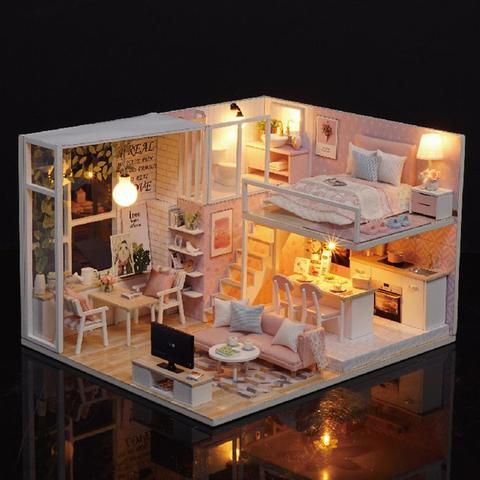 Casa de muñecas en miniatura con luz LED, casa de muñecas grande diy, casa de muñecas de madera, cocina, juguete de Artesanías hechas a mano en miniatura, regalo de Navidad ► Foto 1/6