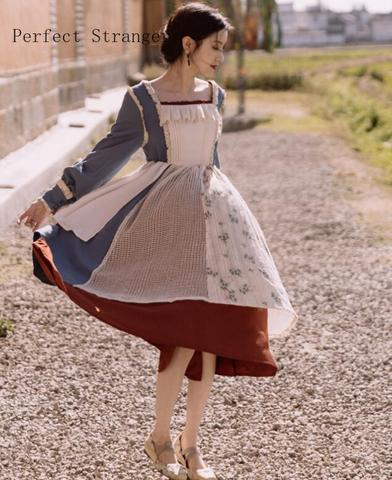 Vestido largo Retro para mujer, cuello cuadrado elegante de alta calidad, bloque de Color, Estilo Princesa, otoño e invierno, 2022 ► Foto 1/4