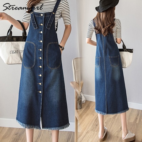 Streamgirl-Vestido vaquero de talla grande para mujer, traje de tela vaquera con botones delanteros, pantalones vaqueros con tirantes, de talla grande ► Foto 1/6