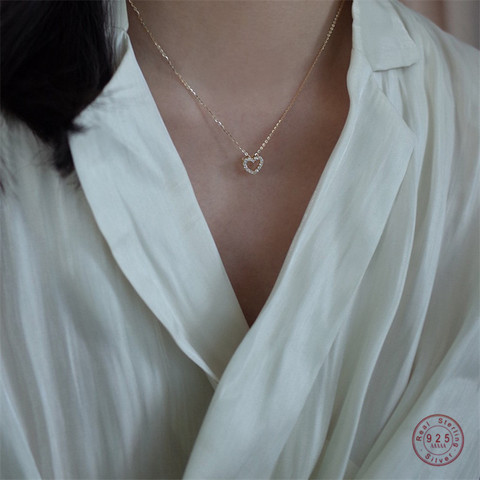 Collar de cadena para mujer, de Plata de Ley 925, pendiente de corazón de Zircón, clásica, 14k, joyería de oro Real ► Foto 1/6