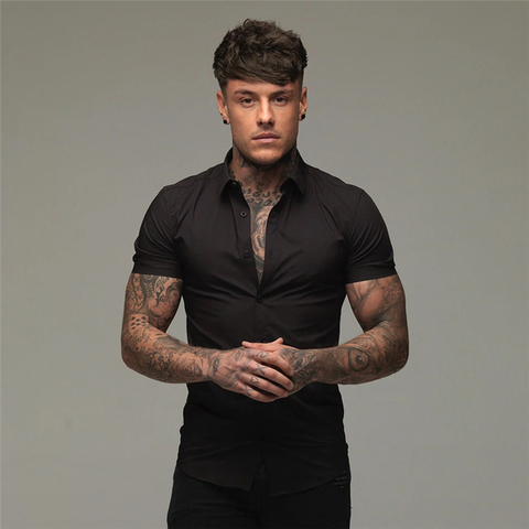 Camisas de manga corta ajustadas con botones para hombre, ropa deportiva informal, camisa de vestir, camisas Hipster, Tops de Fitness, moda de verano ► Foto 1/6