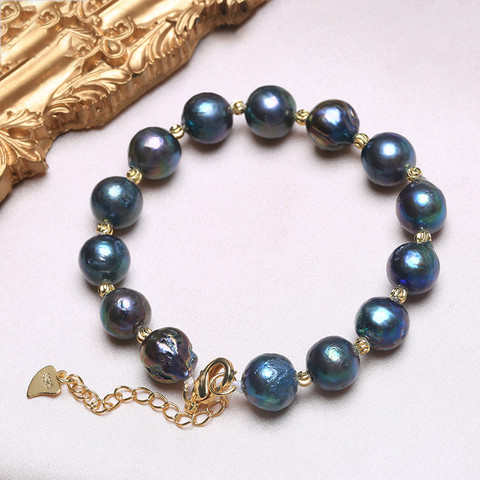 BaroqueOnly-broche de corazón de plata de ley 925, joyería de perla Pulsera de Perlas Naturales irregular, perla verde oscura, tamaño múltiple, HQI ► Foto 1/6