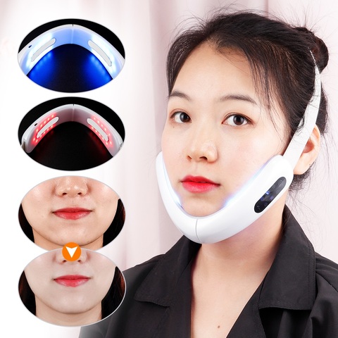 Chin-máquina de cinturón de elevación en V Dispositivo de adelgazamiento Facial, masajeador galvánico, terapia de fotones LED, color rojo y azul ► Foto 1/6