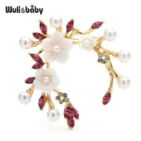 Wuli & baby-broches de flores con diamantes de imitación para mujer, corona de perlas rosa y púrpura, broche de oficina para bodas, regalos ► Foto 1/4