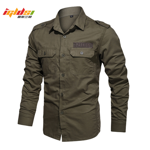 Camisas tácticas de manga larga para hombre, camisas de estilo militar, informales, con botones y bolsillos, estampado de letras, para primavera ► Foto 1/6