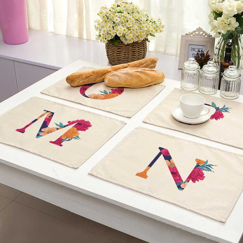 Mantel Individual de lino y algodón con estampado de letras y flores para mesa de comedor, posavasos, tazón, taza, cocina, 42x32cm, decoración del hogar, ZM0001 ► Foto 1/6