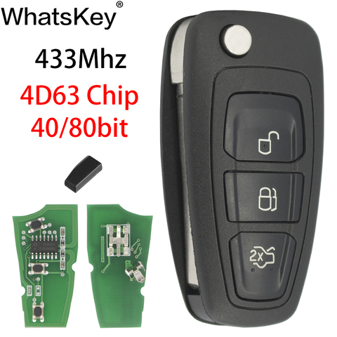 WhatsKey-llave remota de 3 botones con tapa, 433Mhz, 4D63, Chip ID63, 40/80 bits, para Ford Focus 3 Fiesta 2013, conectar la hoja Mondeo C Max HU101 ► Foto 1/6