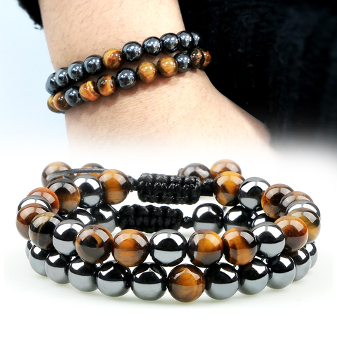 Pulsera de cuentas de hematita y ojo de tigre para hombre, brazalete ajustable hecho a mano, protección de la salud, piedras de energía, distancia de pareja, joyería, 2 uds. ► Foto 1/6