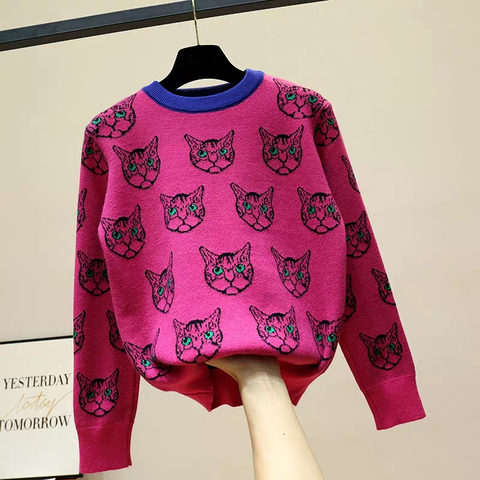 Suéter Harajuku de moda para mujer, suéter cálido de gato de dibujos animados de Jacquard de manga larga, Jersey de punto informal para mujer, Tops de punto ► Foto 1/6