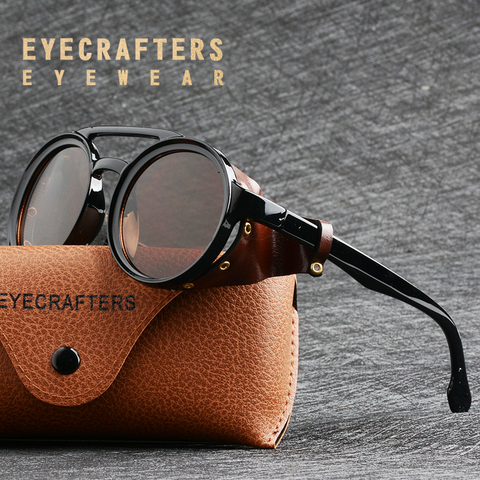 Eyecrafters hombres Steampunk gafas de sol de las mujeres Retro tonos de cuero de moda con escudos estilo Sol redondo gafas ► Foto 1/6