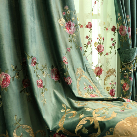 De lujo de terciopelo verde cortinas para sala de estar dormitorio de bordado cortina floral de tul ventana transparente tratamiento ► Foto 1/6