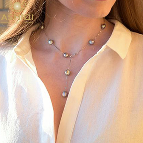 ASHIQI, collar con colgante de cadena de plata de ley 925 auténtica y pura para mujer, 8-9mm, blanco, gris, Natural, agua dulce, joyería de perlas barrocas ► Foto 1/6