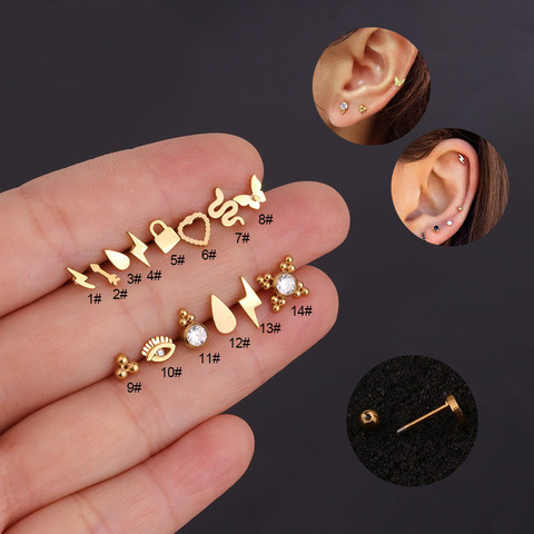 1PC 20G totalmente en acero inoxidable, pequeño cartílago Stud pendiente Cubic Zirconia helicoidal trago Concha tornillo joyas Piercing aretes ► Foto 1/6