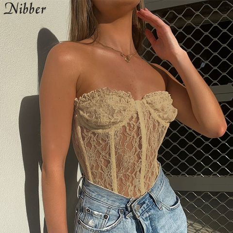 Nibber-top sexy de encaje con hombros descubiertos para mujer, camiseta de tubo de fiesta, camisetas sin mangas negras, ropa para club nocturno, tops cortos, top de alta calidad para mujer ► Foto 1/6